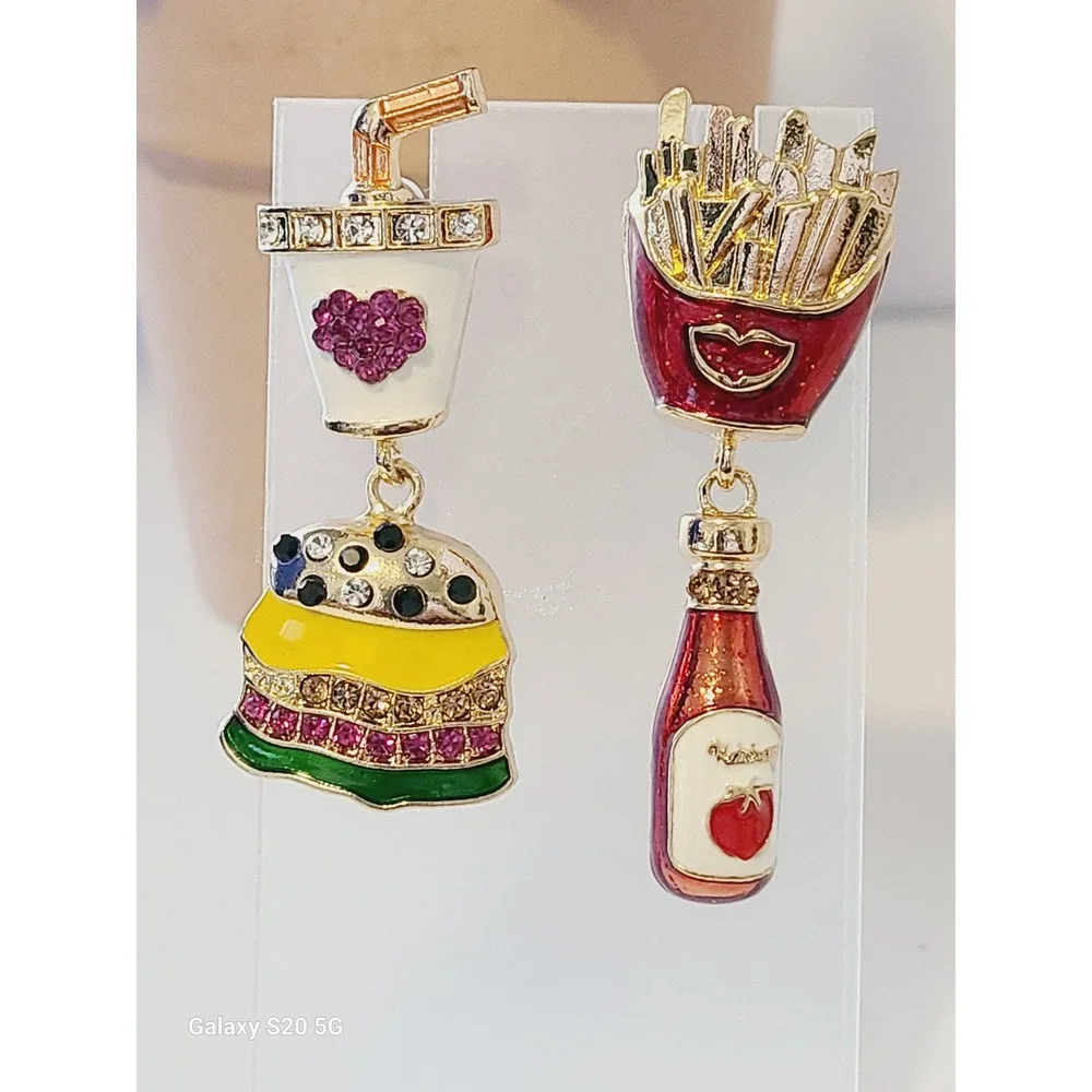 Fast Food Burger Fries Soda Ketchup Mismatched Enamel Rhinestone Drop Earrings